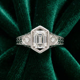 White gold Hexagonal Bezel Emerald Diamond Engraved Band Prong Ring_9