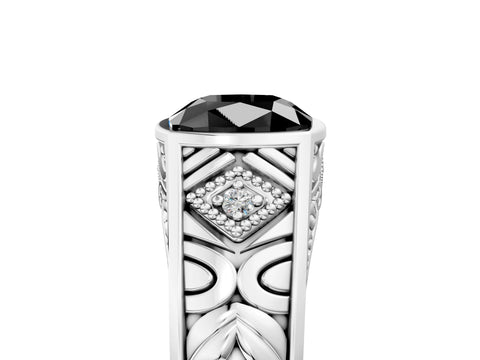 White gold Hexagonal Bezel Fancy Black Cushion Cut Diamond Engraved Band Prong Ring_17