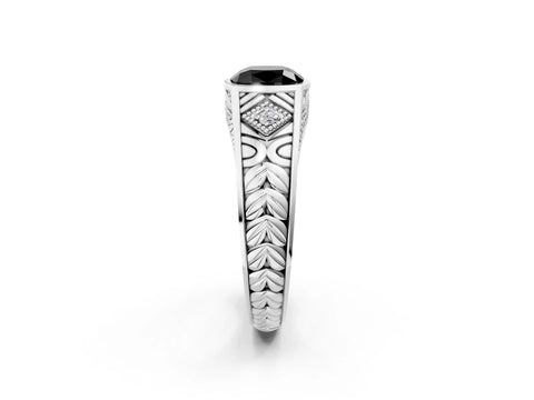 White gold Hexagonal Bezel Fancy Black Cushion Cut Diamond Engraved Band Prong Ring_2
