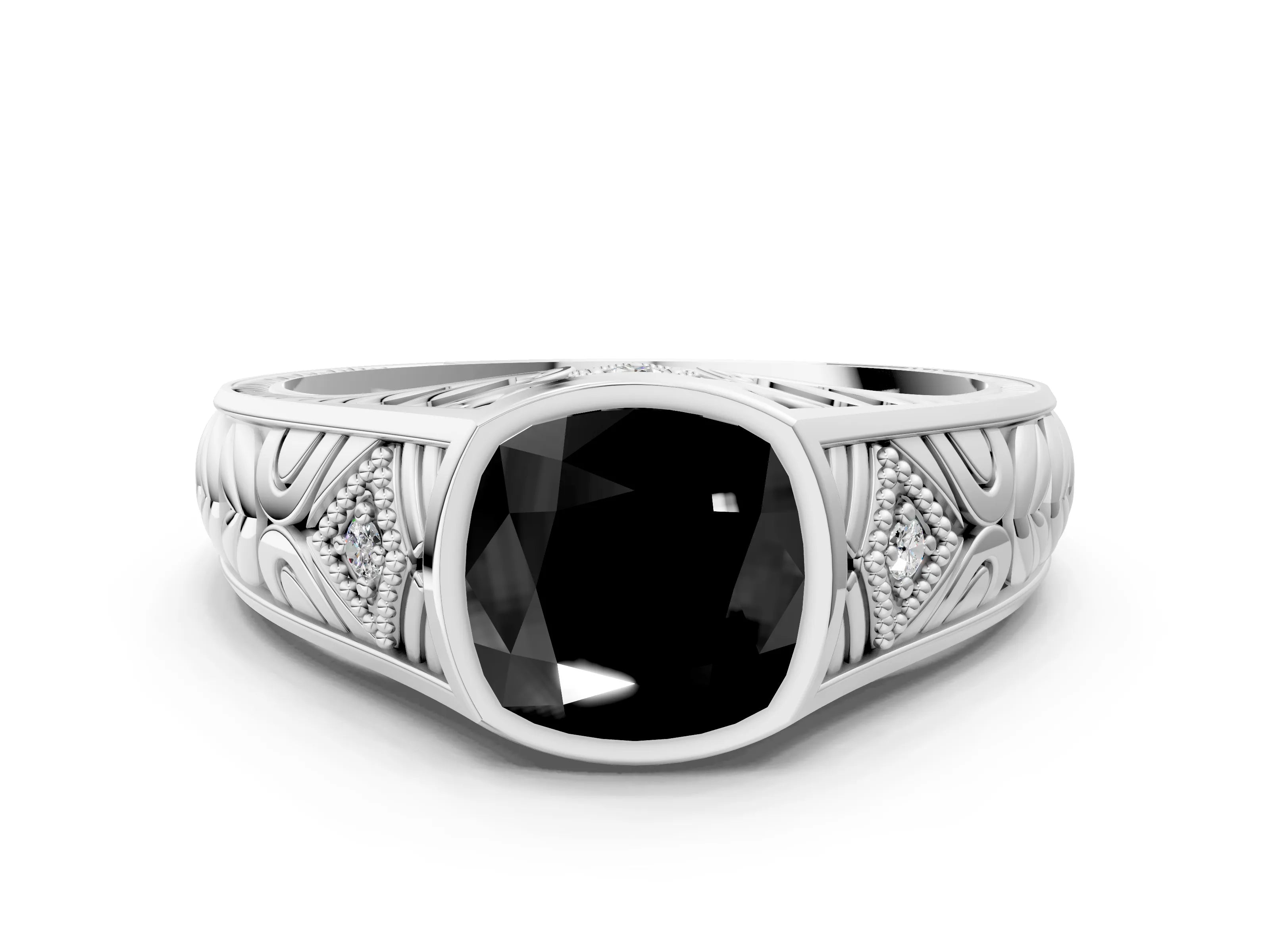 White gold Hexagonal Bezel Fancy Black Cushion Cut Diamond Engraved Band Prong Ring