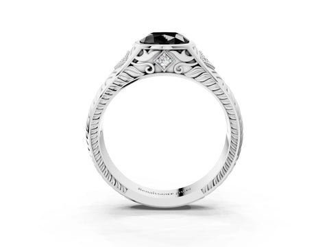 White gold Hexagonal Bezel Fancy Black Cushion Cut Diamond Engraved Band Prong Ring_3