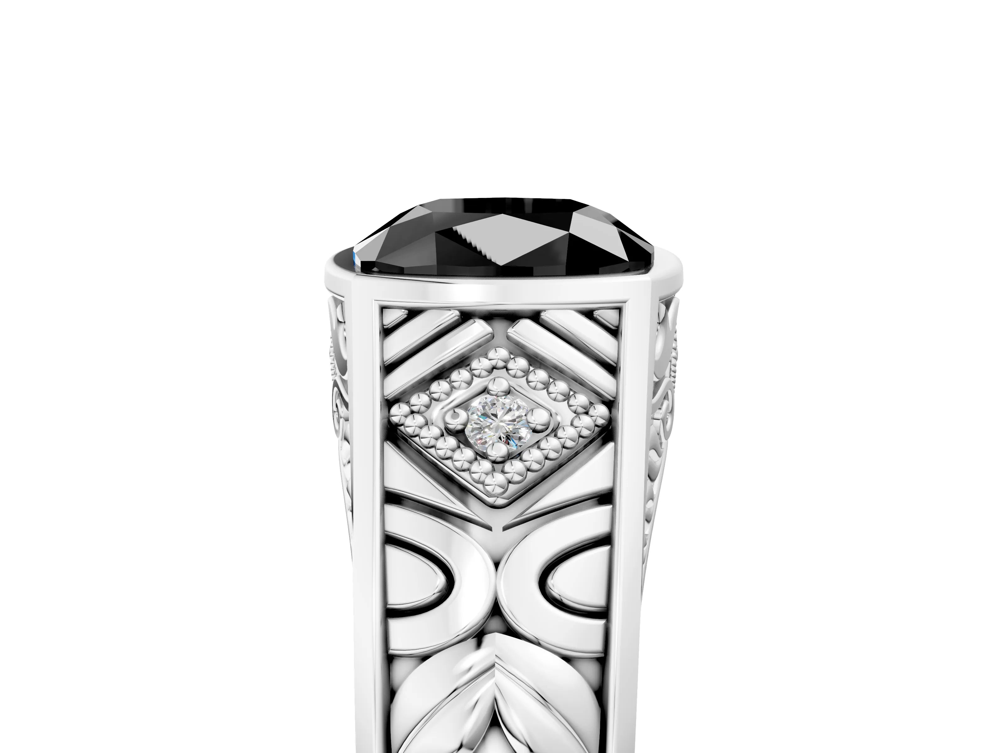 White gold Hexagonal Bezel Fancy Black Cushion Cut Diamond Engraved Band Prong Ring_5