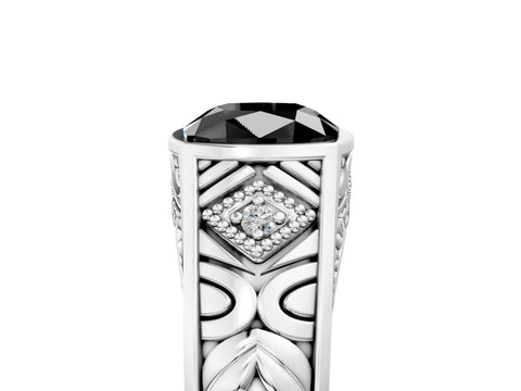 White gold Hexagonal Bezel Fancy Black Cushion Cut Diamond Engraved Band Prong Ring_5
