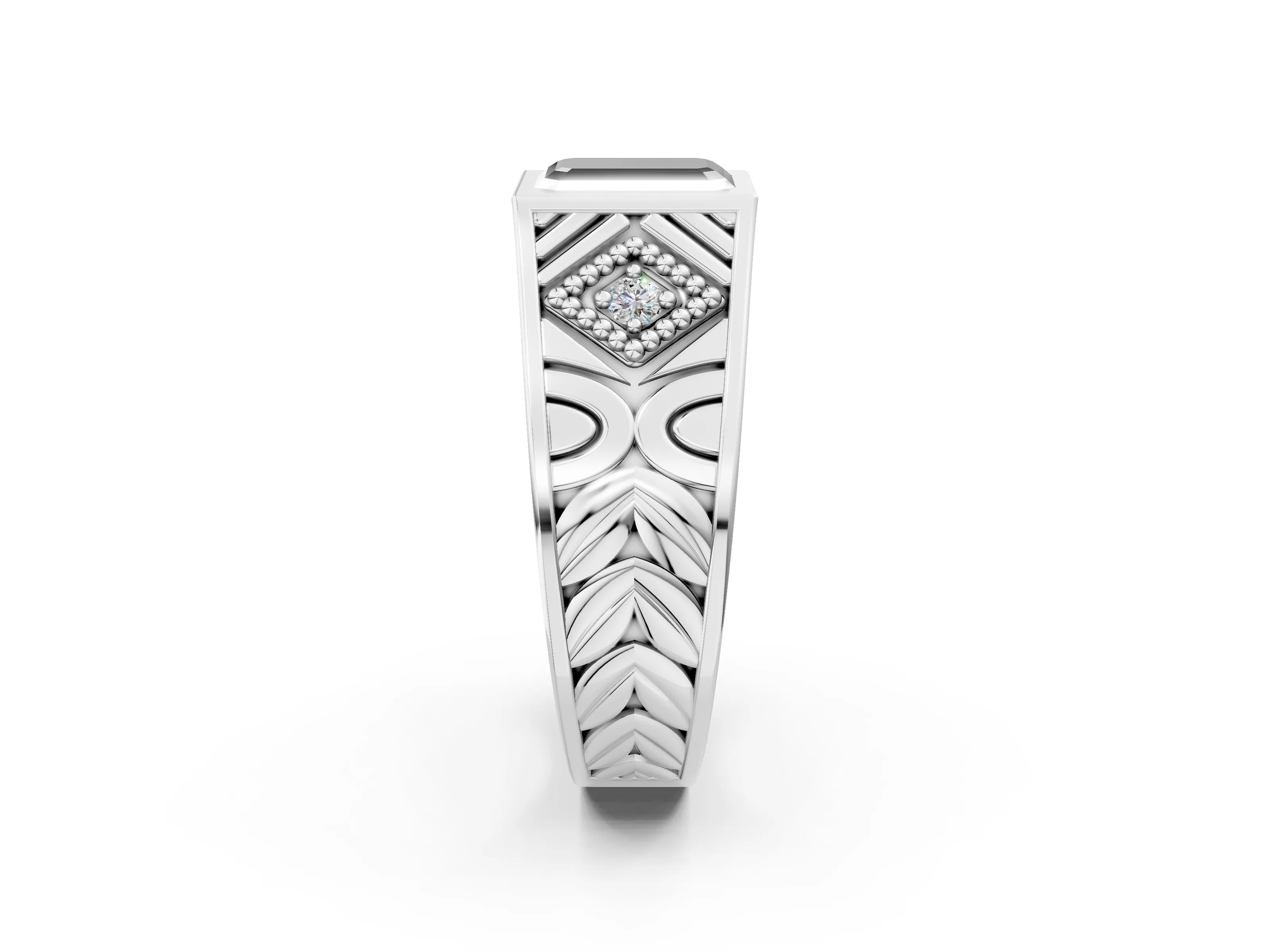 White gold Hexagonal Bezel Fancy Black Emerald Cut Diamond Engraved Band Prong Ring_2