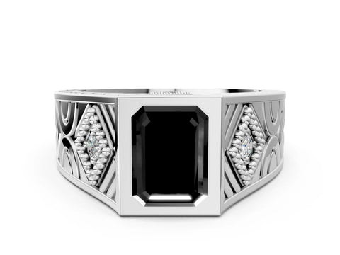 White gold Hexagonal Bezel Fancy Black Emerald Cut Diamond Engraved Band Prong Ring