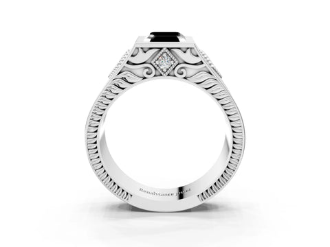 White gold Hexagonal Bezel Fancy Black Emerald Cut Diamond Engraved Band Prong Ring_3