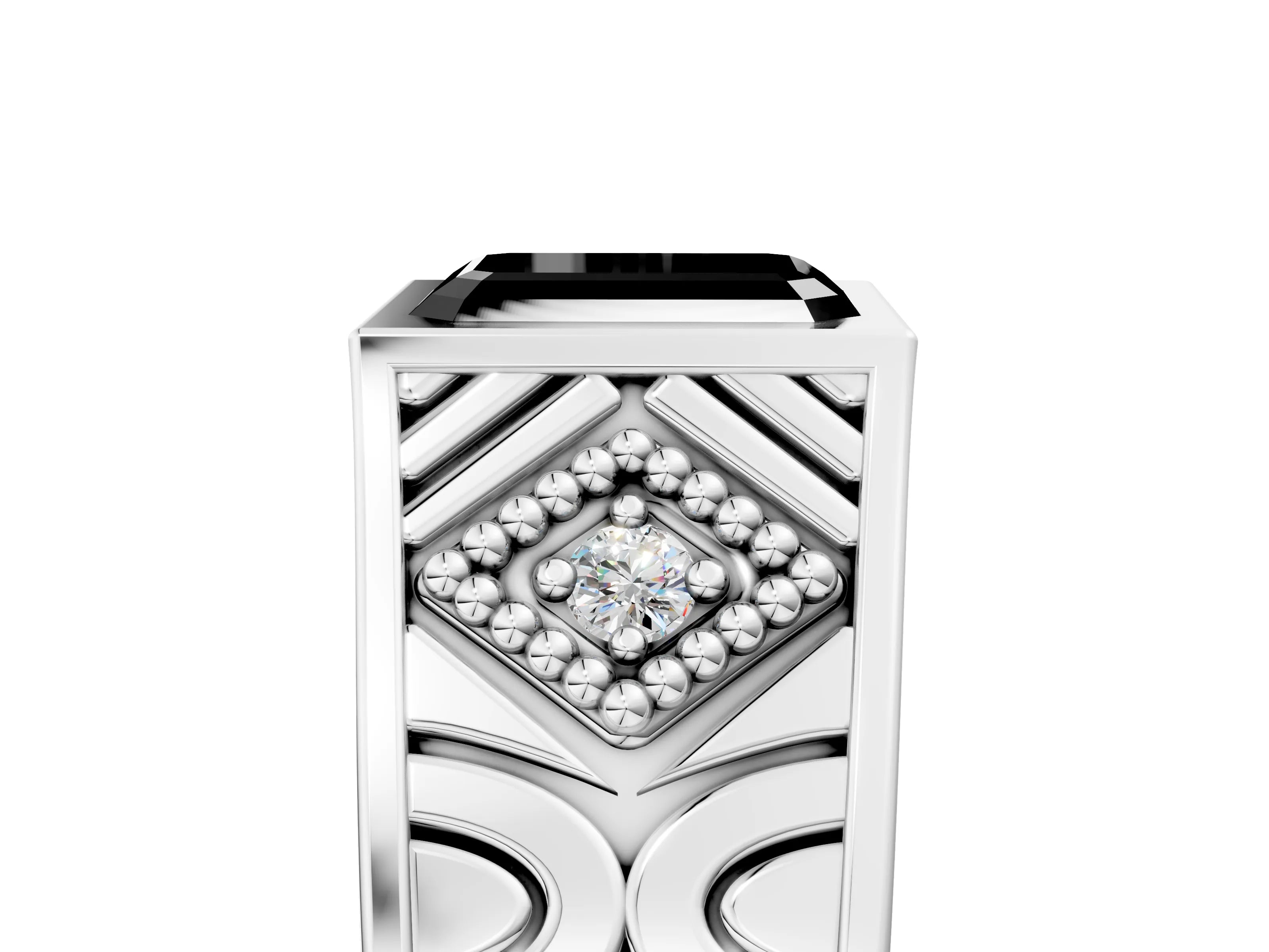 White gold Hexagonal Bezel Fancy Black Emerald Cut Diamond Engraved Band Prong Ring_5