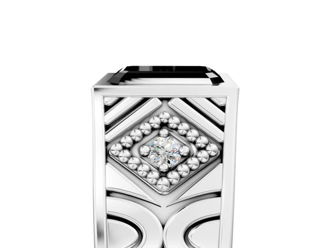 White gold Hexagonal Bezel Fancy Black Emerald Cut Diamond Engraved Band Prong Ring_5