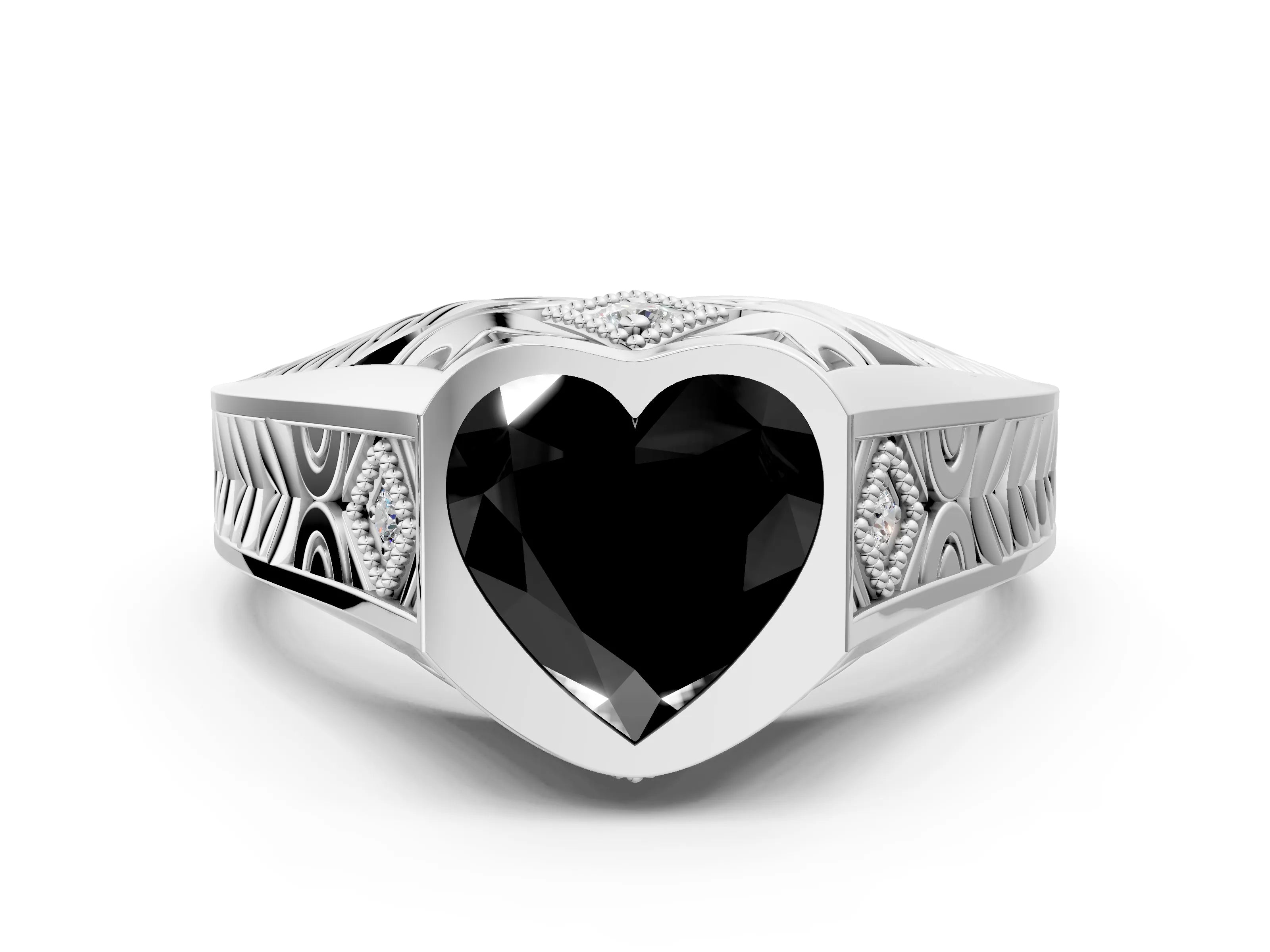 White gold Hexagonal Bezel Fancy Black Heart Cut Diamond Engraved Band Prong Ring