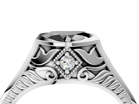 White gold Hexagonal Bezel Fancy Black Heart Cut Diamond Engraved Band Prong Ring_28
