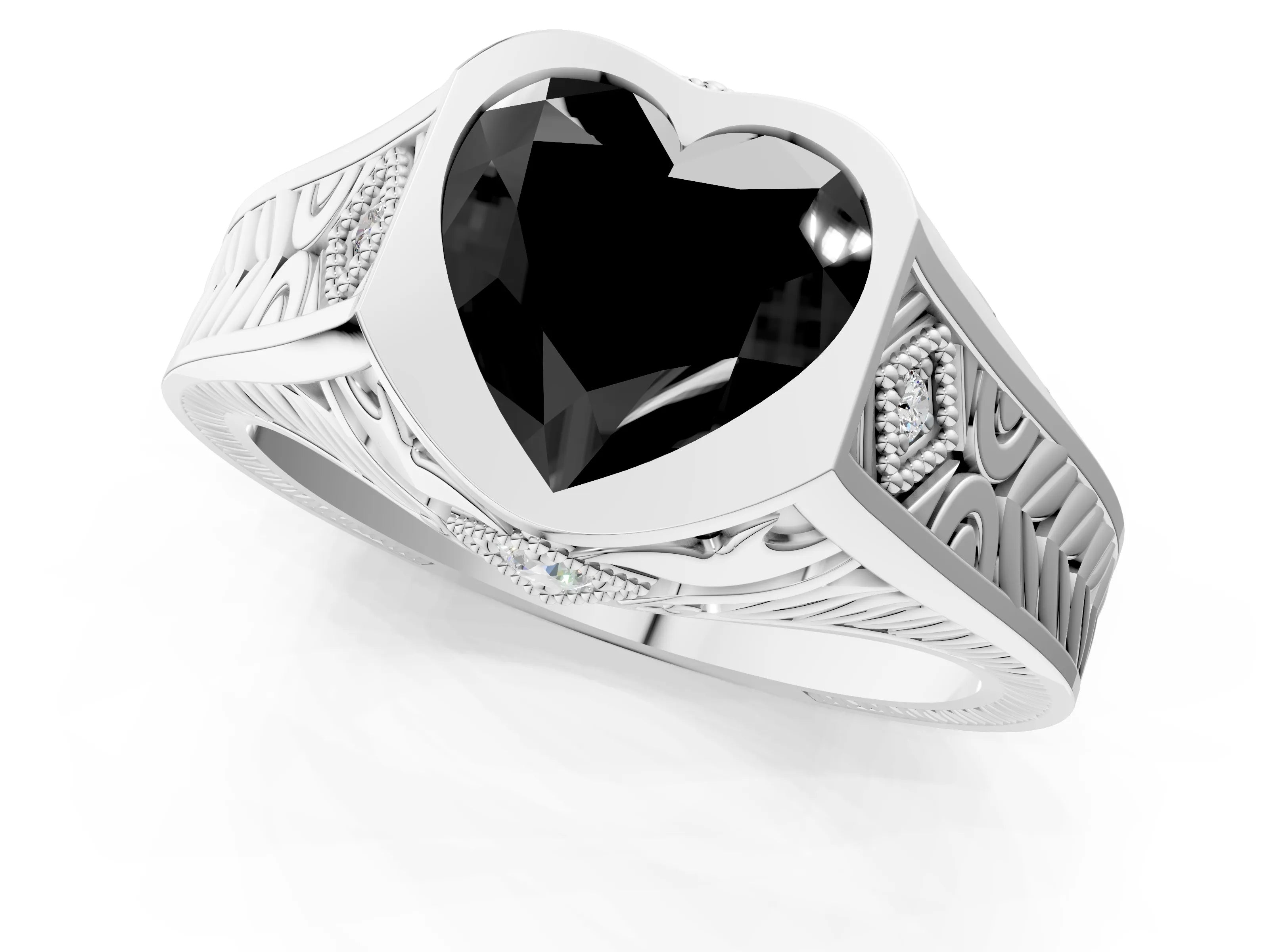 White gold Hexagonal Bezel Fancy Black Heart Cut Diamond Engraved Band Prong Ring_37