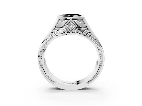 White gold Hexagonal Bezel Fancy Black Heart Cut Diamond Engraved Band Prong Ring_39