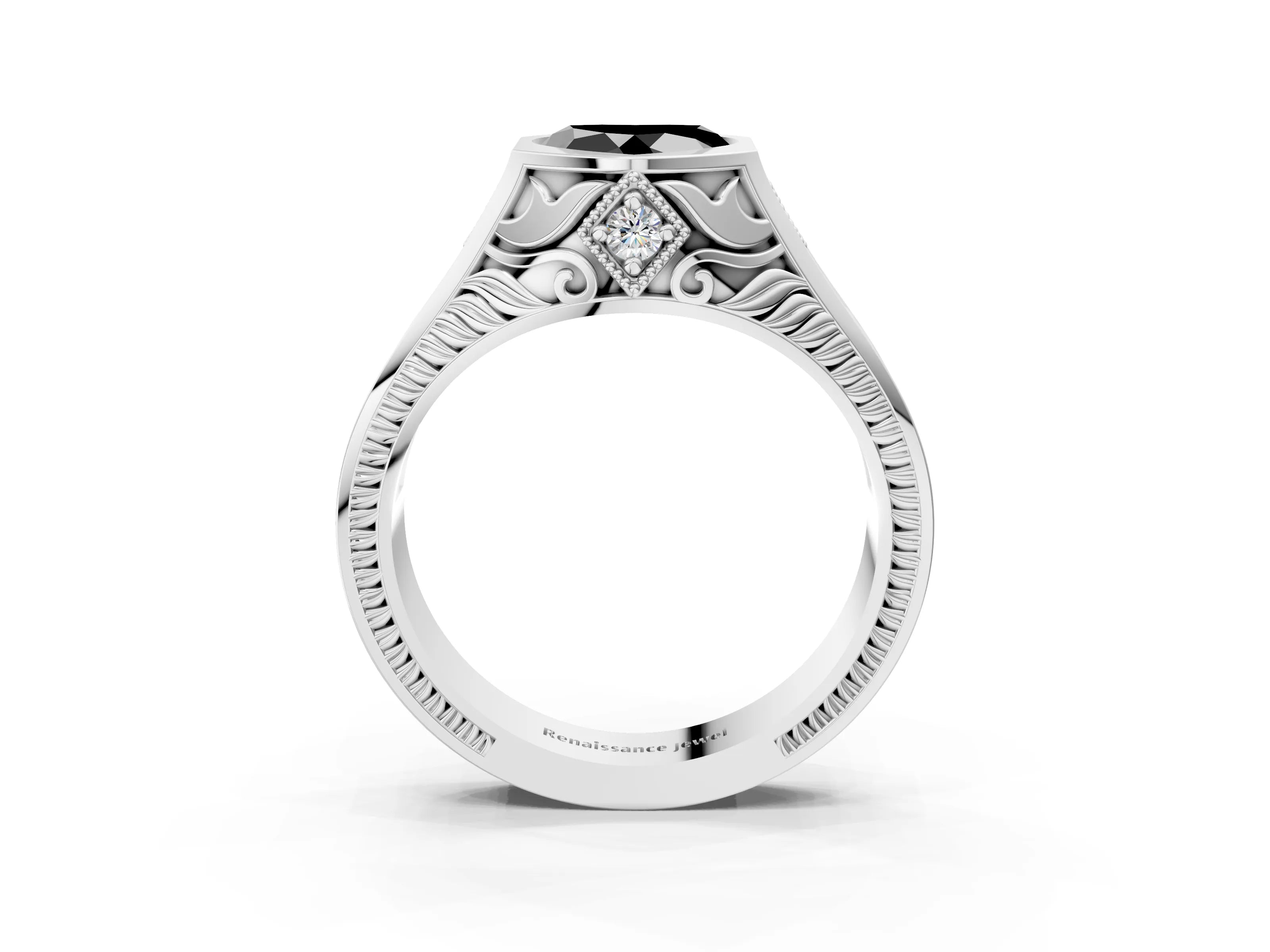 White gold Hexagonal Bezel Fancy Black Heart Cut Diamond Engraved Band Prong Ring_3