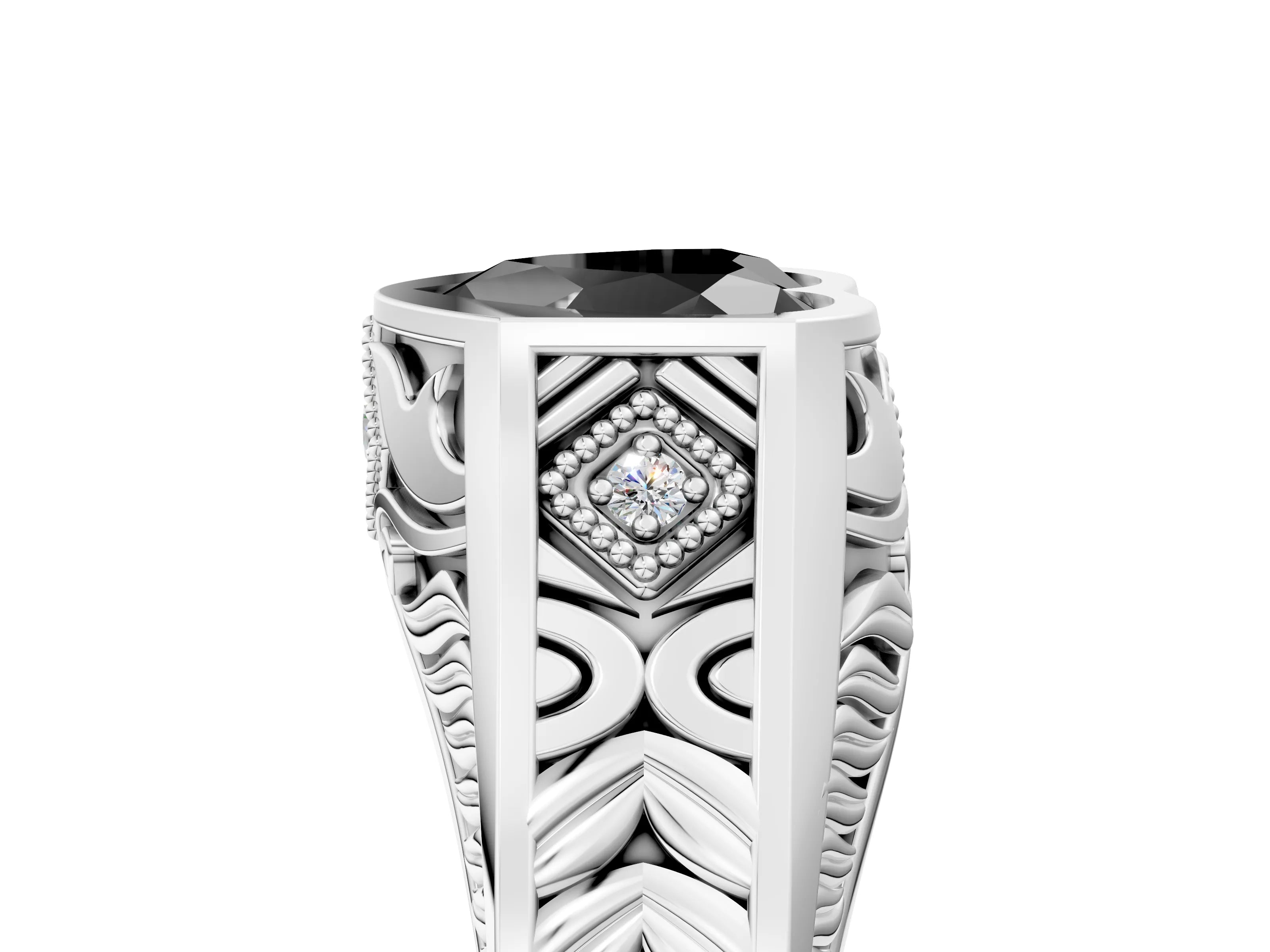 White gold Hexagonal Bezel Fancy Black Heart Cut Diamond Engraved Band Prong Ring_41