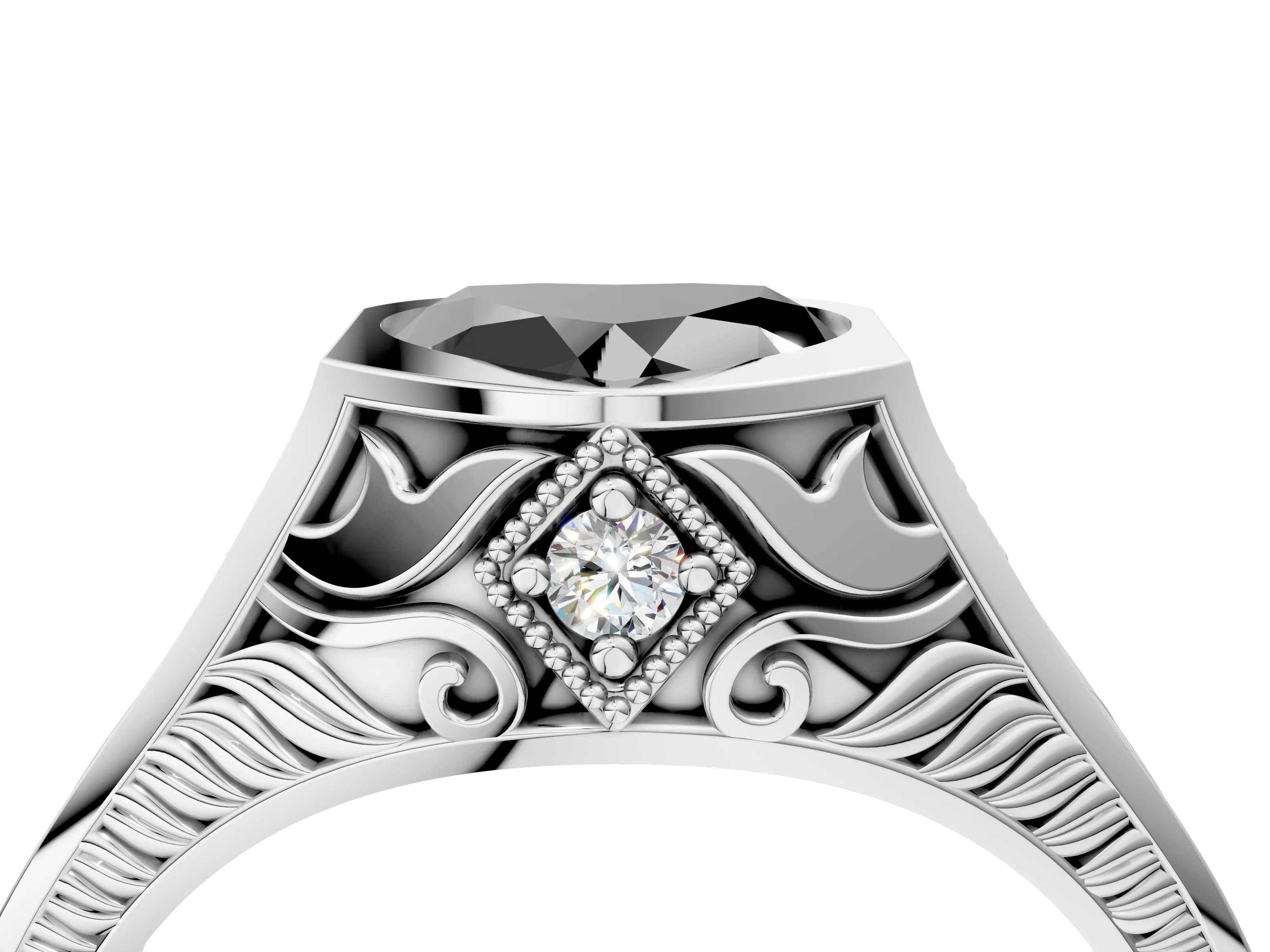 White gold Hexagonal Bezel Fancy Black Heart Cut Diamond Engraved Band Prong Ring_4