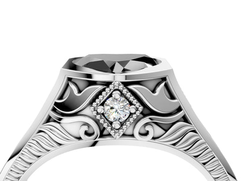 White gold Hexagonal Bezel Fancy Black Heart Cut Diamond Engraved Band Prong Ring_4