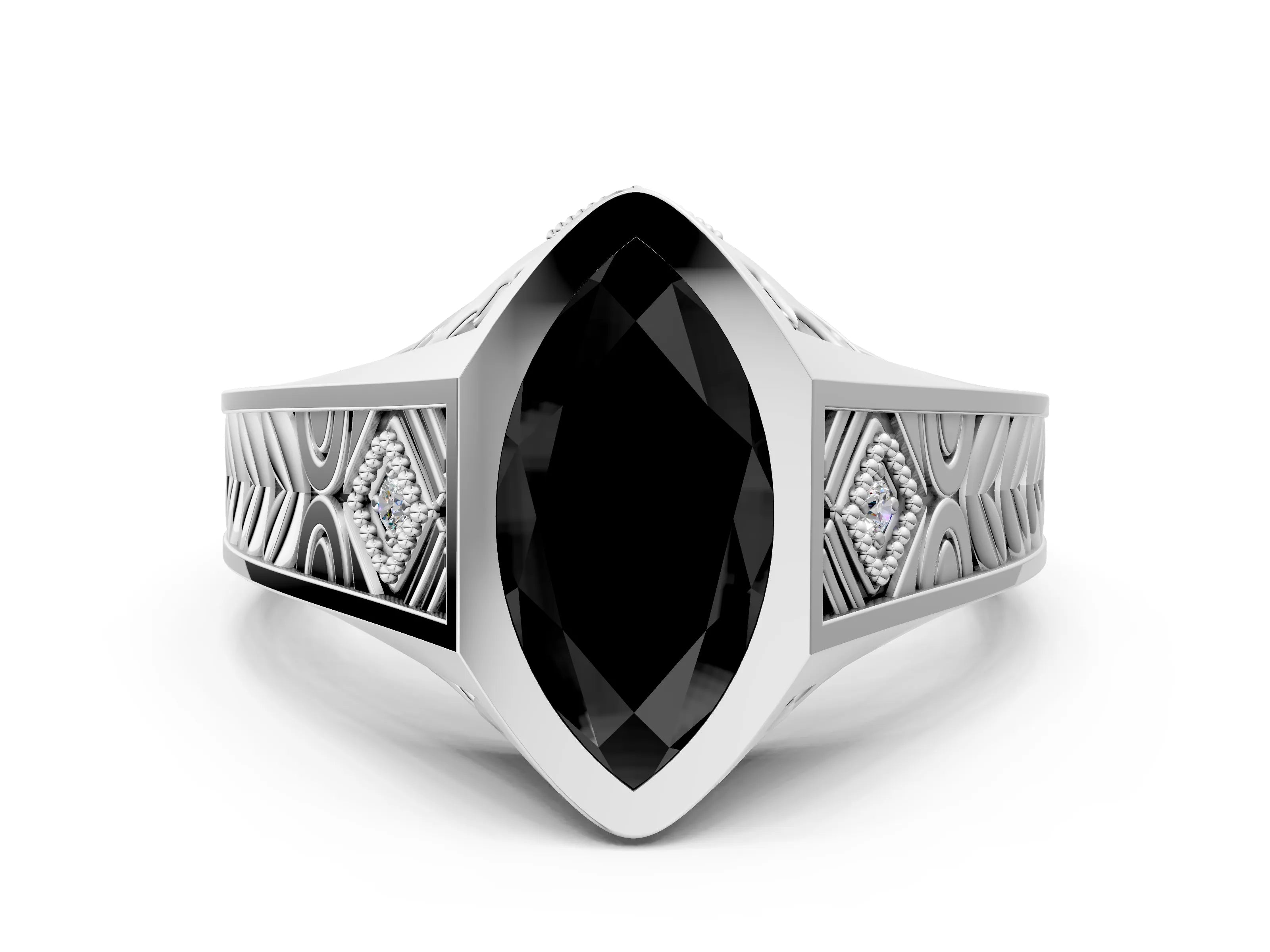 White gold Hexagonal Bezel Fancy Black Marquise Cut Diamond Engraved Band Prong Ring_12
