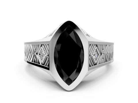 White gold Hexagonal Bezel Fancy Black Marquise Cut Diamond Engraved Band Prong Ring_12