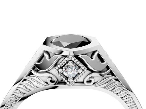 White gold Hexagonal Bezel Fancy Black Marquise Cut Diamond Engraved Band Prong Ring_16