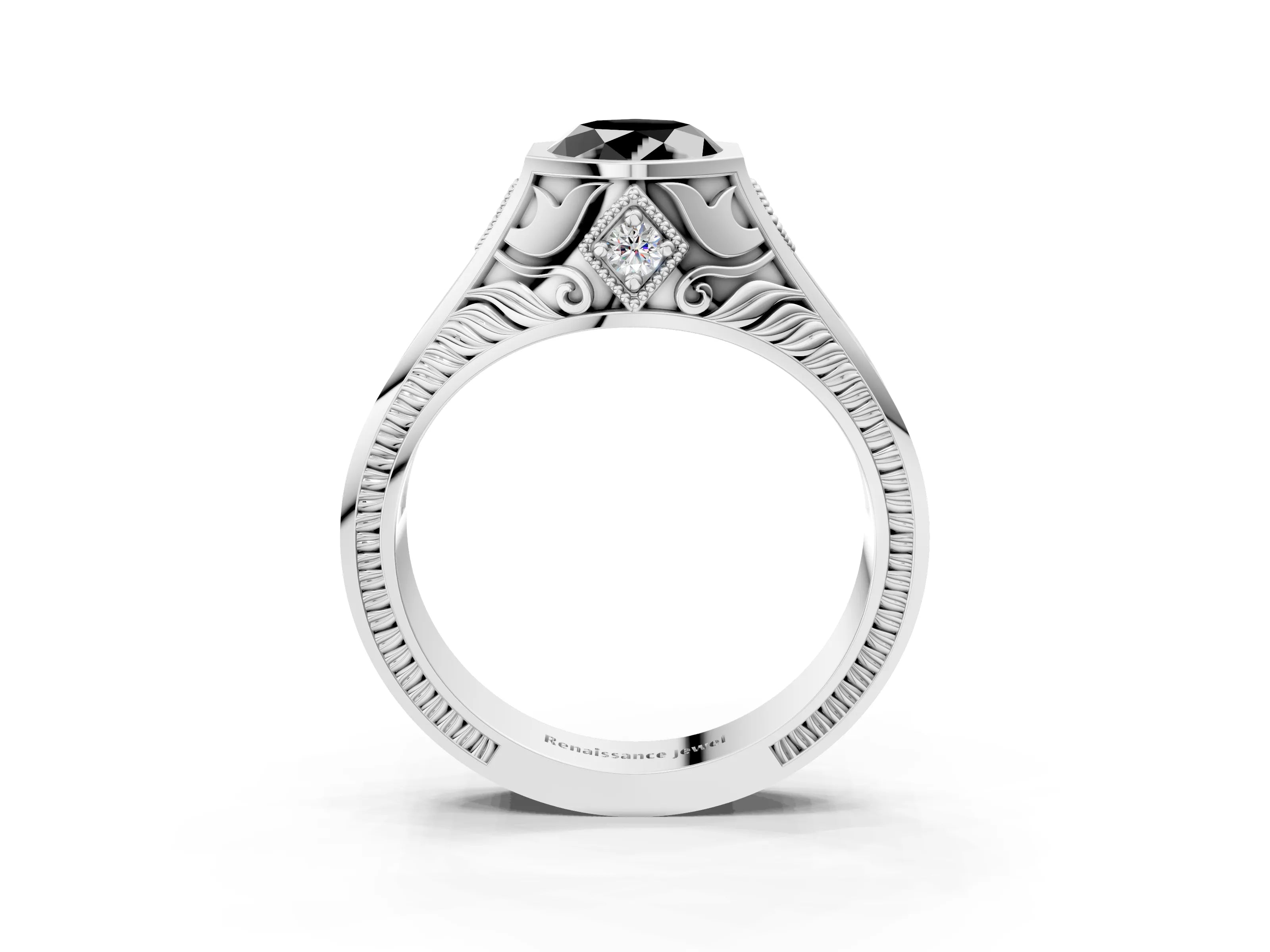 White gold Hexagonal Bezel Fancy Black Oval Cut Diamond Engraved Band Prong Ring_3