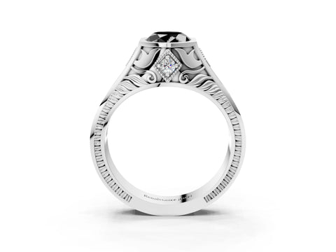 White gold Hexagonal Bezel Fancy Black Oval Cut Diamond Engraved Band Prong Ring_3