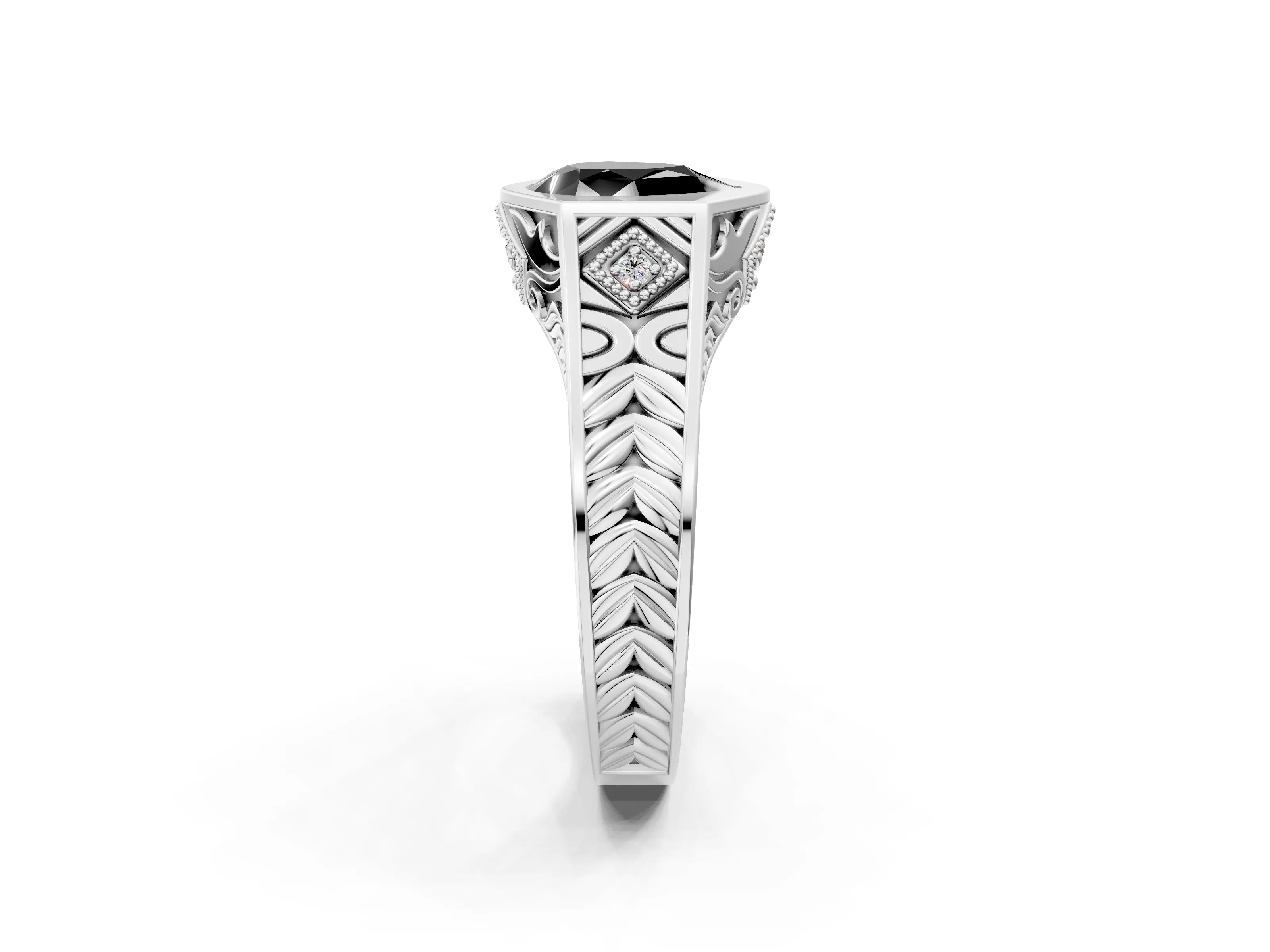 White gold Hexagonal Bezel Fancy Black Pear Cut Diamond Engraved Band Prong Ring_2