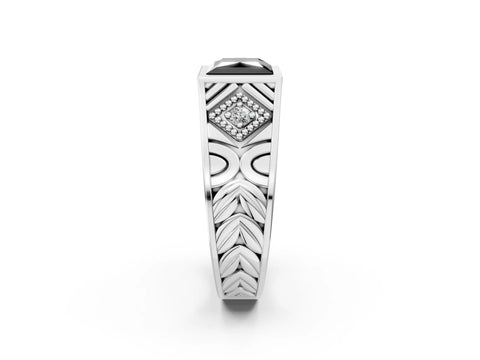 White gold Hexagonal Bezel Fancy Black Princess Cut Diamond Engraved Band Prong Ring_2