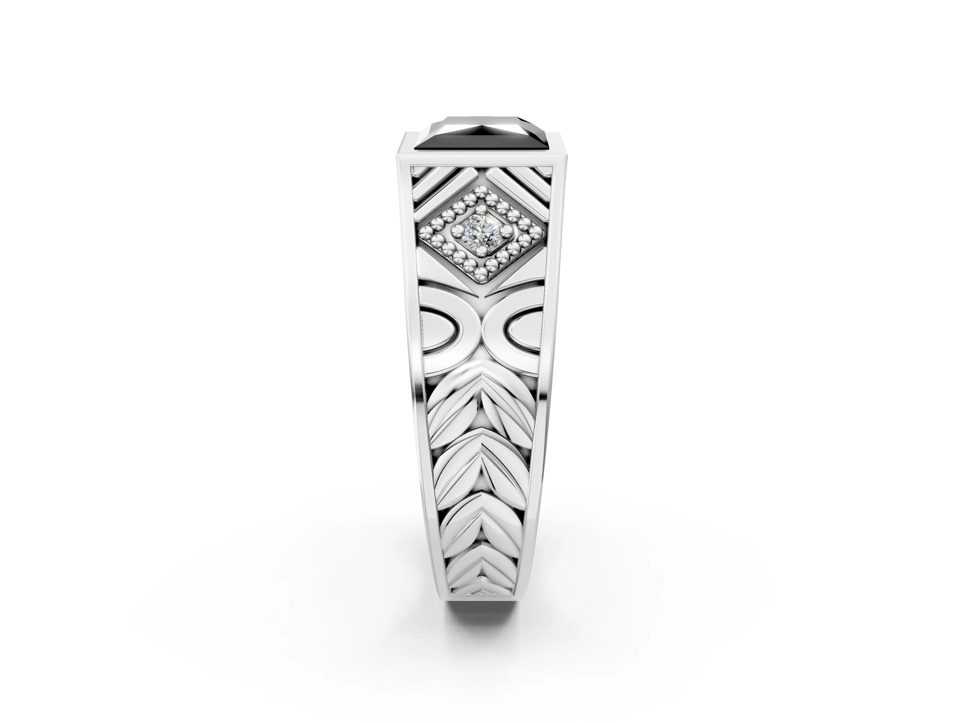 White gold Hexagonal Bezel Fancy Black Princess Cut Diamond Engraved Band Prong Ring_2