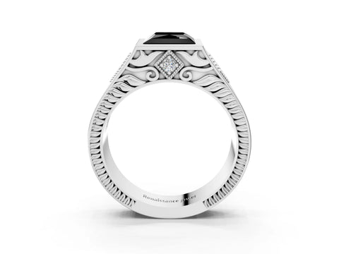 White gold Hexagonal Bezel Fancy Black Princess Cut Diamond Engraved Band Prong Ring_3