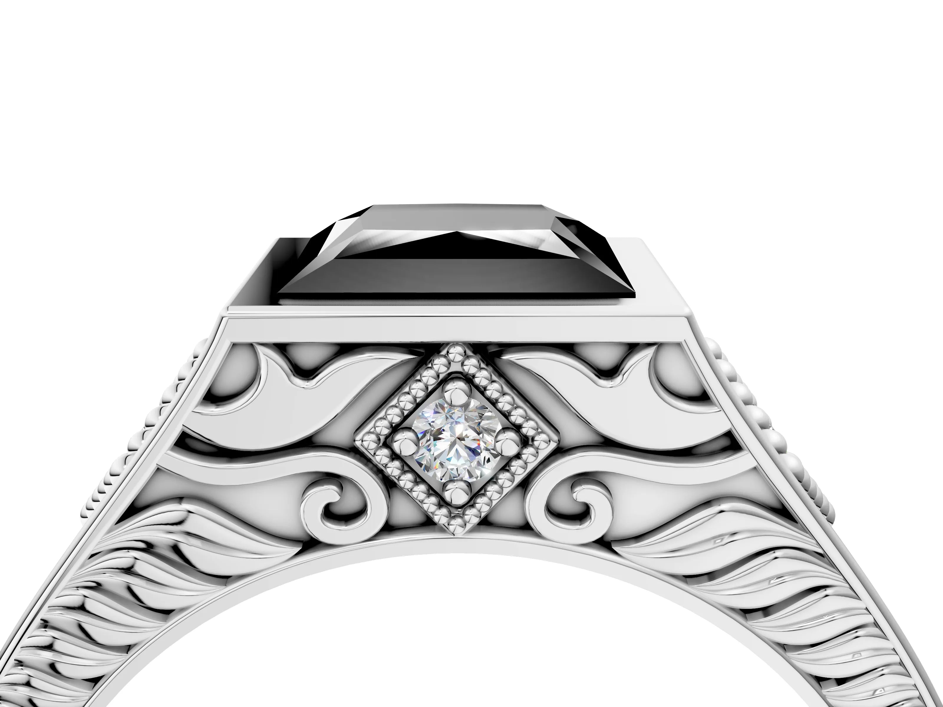 White gold Hexagonal Bezel Fancy Black Princess Cut Diamond Engraved Band Prong Ring_4
