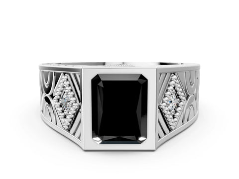 White gold Hexagonal Bezel Fancy Black Radiant Cut Diamond Engraved Band Prong Ring