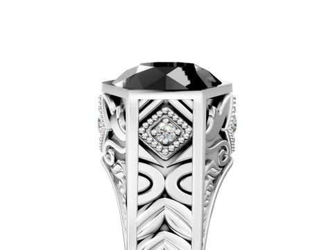 White gold Hexagonal Bezel Fancy Black Round Cut Diamond Engraved Band Prong Ring_5