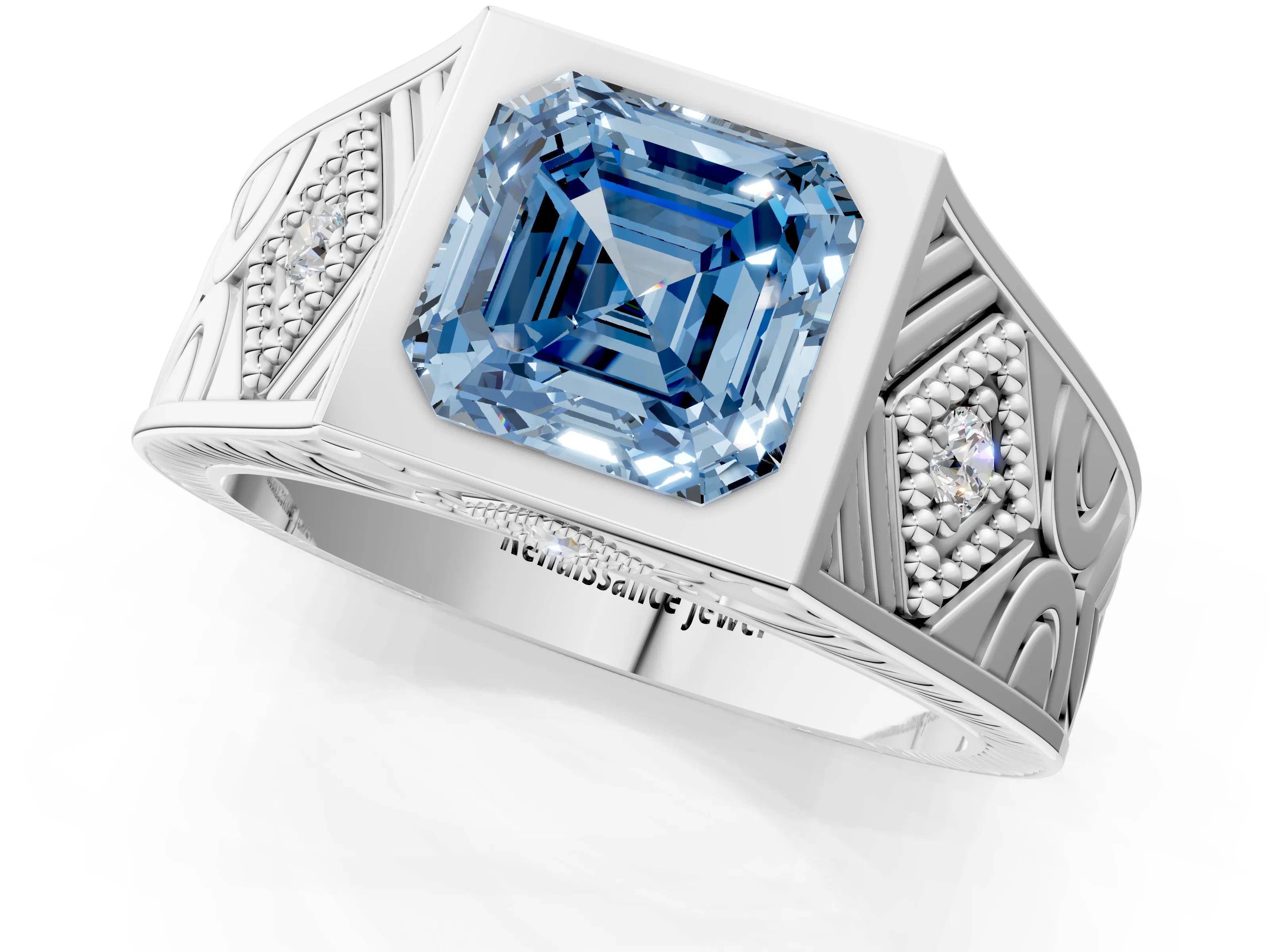 White gold Hexagonal Bezel Fancy Blue Asscher Cut Diamond Engraved Band Prong Ring_1