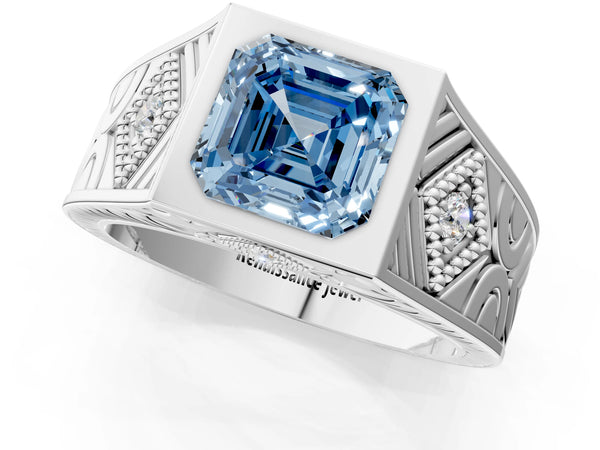 White gold Hexagonal Bezel Fancy Blue Asscher Cut Diamond Engraved Band Prong Ring