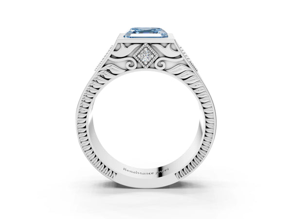 White gold Hexagonal Bezel Fancy Blue Asscher Cut Diamond Engraved Band Prong Ring
