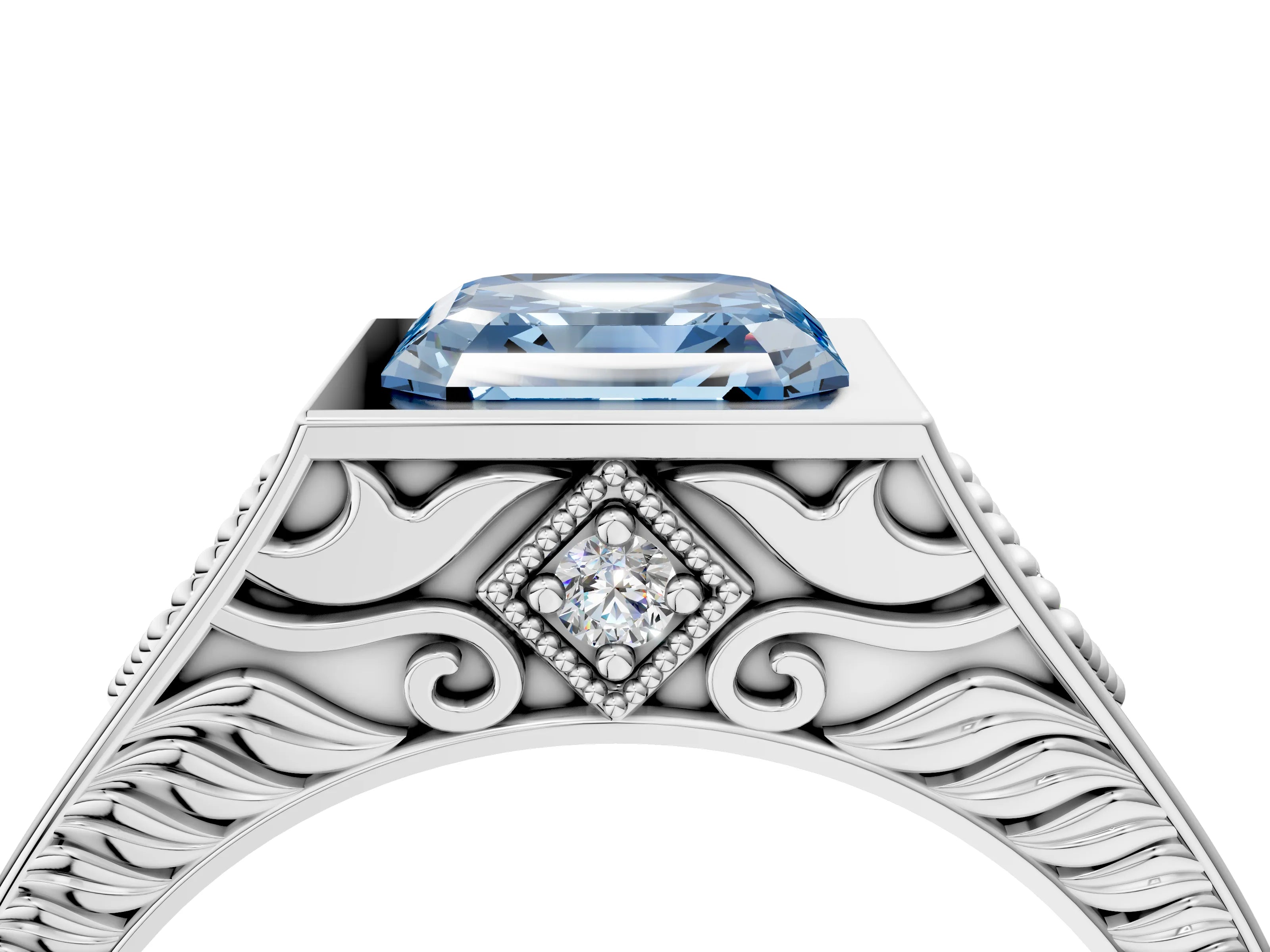 White gold Hexagonal Bezel Fancy Blue Asscher Cut Diamond Engraved Band Prong Ring_4