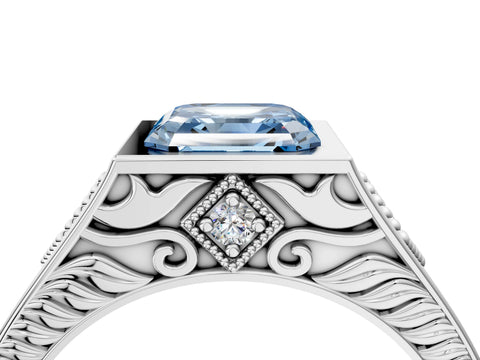 White gold Hexagonal Bezel Fancy Blue Asscher Cut Diamond Engraved Band Prong Ring_4