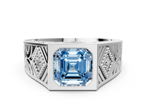 White gold Hexagonal Bezel Fancy Blue Asscher Cut Diamond Engraved Band Prong Ring