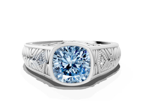 White gold Hexagonal Bezel Fancy Blue Cushion Cut Diamond Engraved Band Prong Ring_12
