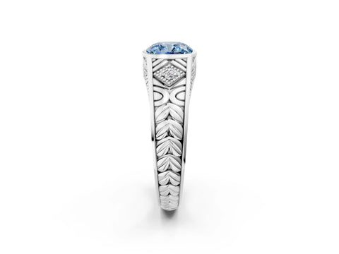 White gold Hexagonal Bezel Fancy Blue Cushion Cut Diamond Engraved Band Prong Ring_26