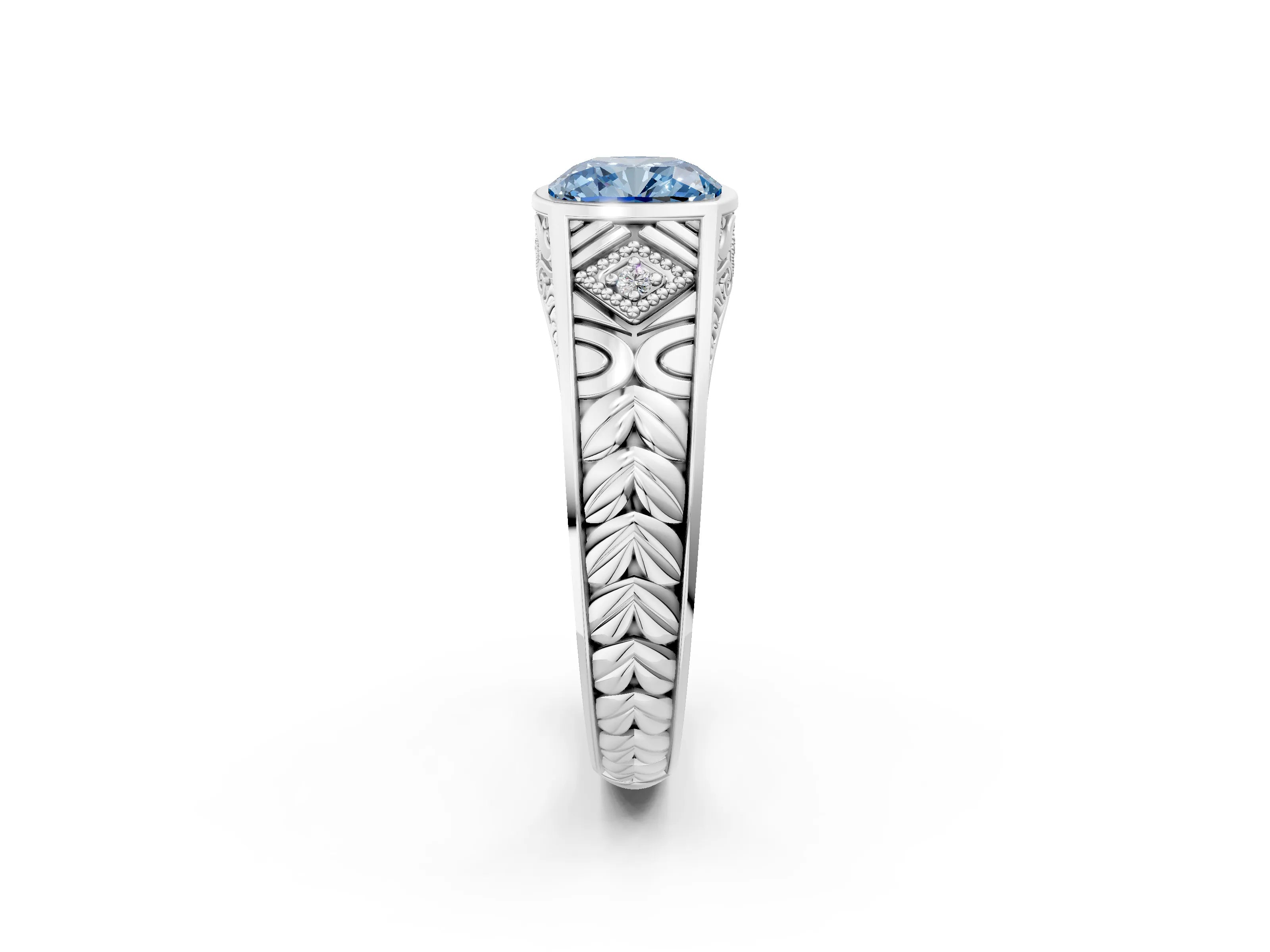 White gold Hexagonal Bezel Fancy Blue Cushion Cut Diamond Engraved Band Prong Ring_2