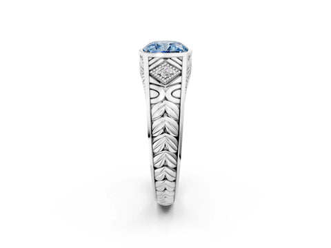 White gold Hexagonal Bezel Fancy Blue Cushion Cut Diamond Engraved Band Prong Ring_2