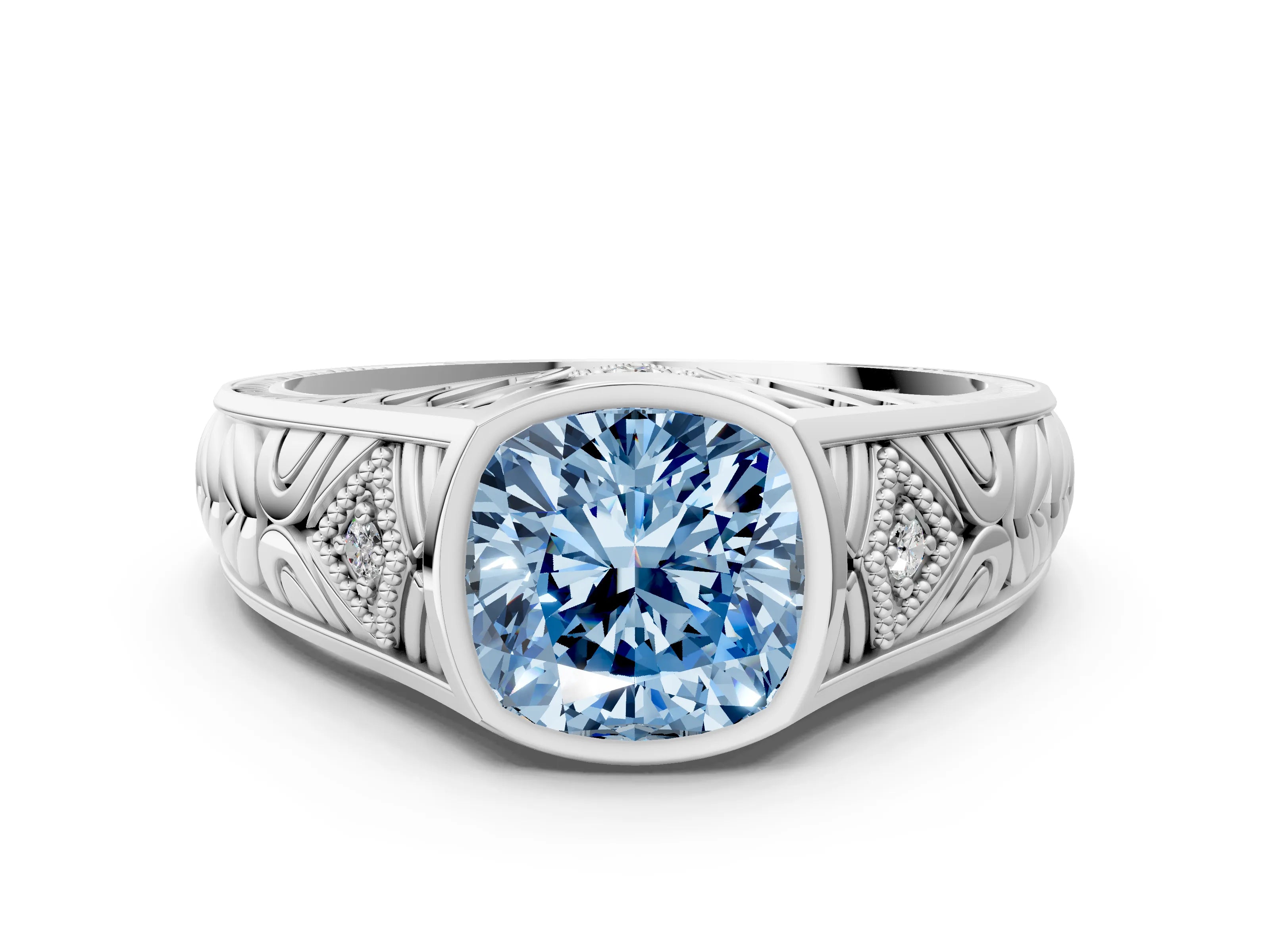White gold Hexagonal Bezel Fancy Blue Cushion Cut Diamond Engraved Band Prong Ring