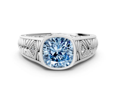 White gold Hexagonal Bezel Fancy Blue Cushion Cut Diamond Engraved Band Prong Ring