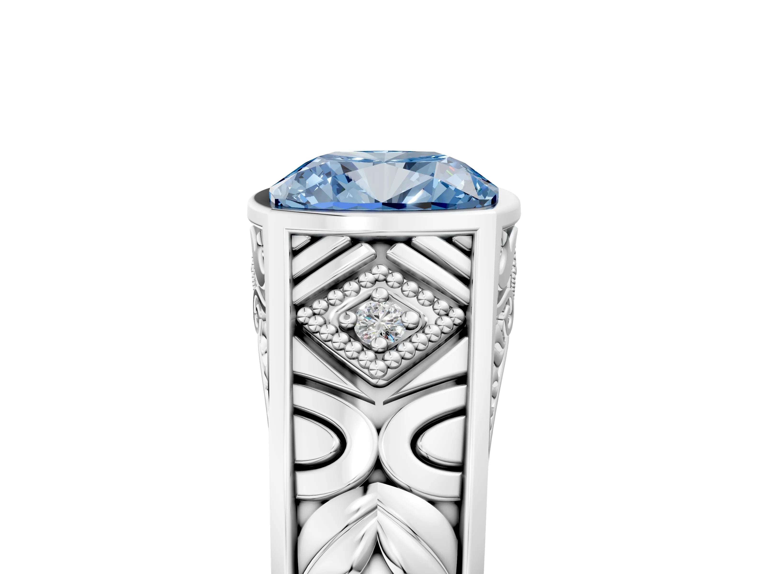 White gold Hexagonal Bezel Fancy Blue Cushion Cut Diamond Engraved Band Prong Ring_5