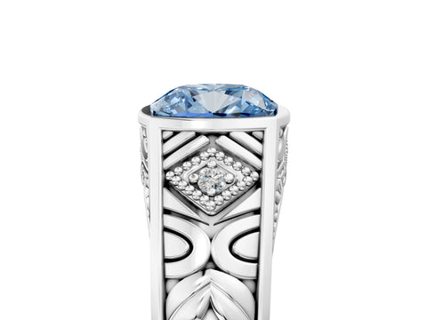 White gold Hexagonal Bezel Fancy Blue Cushion Cut Diamond Engraved Band Prong Ring_5