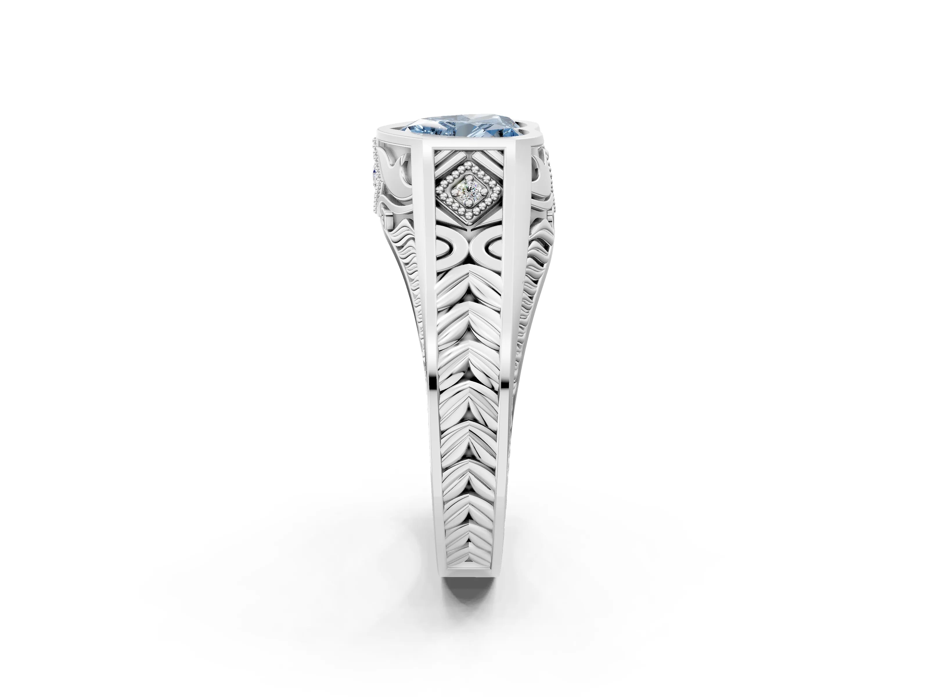 White gold Hexagonal Bezel Fancy Blue Heart Cut Diamond Engraved Band Prong Ring_2