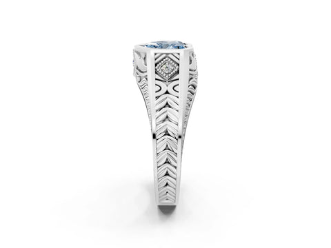 White gold Hexagonal Bezel Fancy Blue Heart Cut Diamond Engraved Band Prong Ring_2