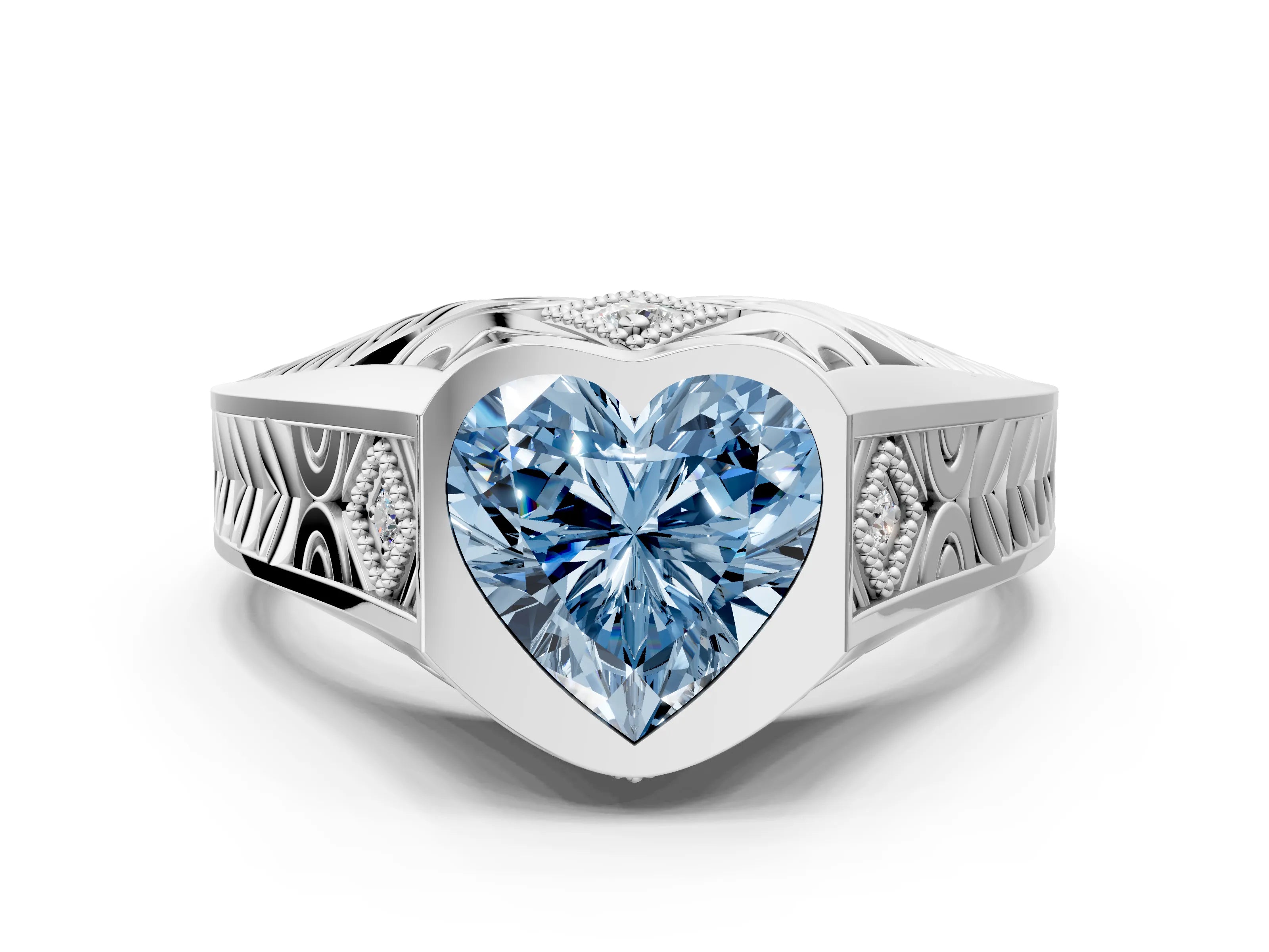 White gold Hexagonal Bezel Fancy Blue Heart Cut Diamond Engraved Band Prong Ring