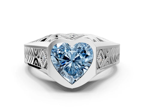 White gold Hexagonal Bezel Fancy Blue Heart Cut Diamond Engraved Band Prong Ring